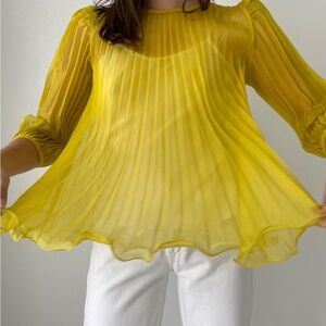 Vintage Silk Crinkle Pleated Sheer Blouse Yellow Size Medium Rosette Trim